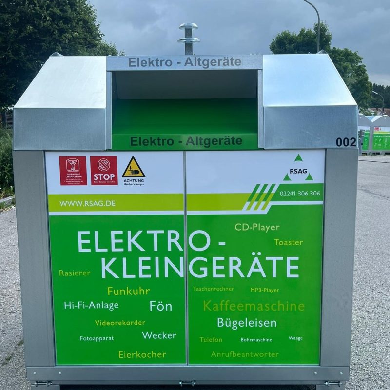 E-waste containers with large openings and custom decals